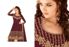 Maroon color Faux Georgette Fabric Embroidered Suit