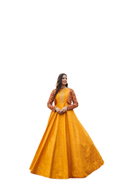 Yellow color Cotton Fabric Embroidered Flared Gown