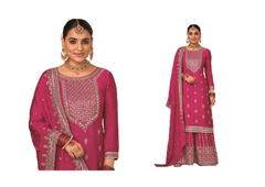 Magenta color Mirror work Chinnon Fabric Party Wear Suit