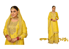 Yellow color Mirror work Chinnon Fabric Party Wear Suit