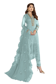 Blue color Embroidered Faux Georgette Fabric Suit