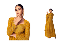 Mustard Yellow color Real Georgette Fabric Heavy Sequins work Indowestern style Suit