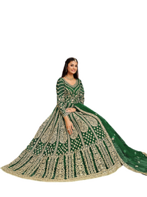 Green color Net Fabric Embroidered Anarkali style Suit