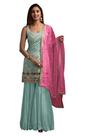 Light Blue color Embroidered Faux Georgette Fabric Sharara style Suit