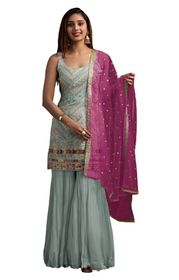 Powder Blue color Embroidered Faux Georgette Fabric Sharara style Suit