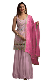 Pink color Embroidered Faux Georgette Fabric Sharara style Suit