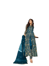 Blue color Embroidered Net Fabric Ankle Length Centre Cut Ban Neck Design  Anarkali style Suit