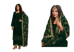 Dark Green color Swarovski work Velvet Fabric Suit