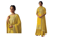 Yellow color Embroidered Silk Fabric Suit