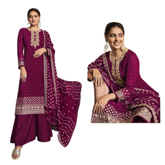 Dark Magenta color Georgette Fabric Embroidered Suit