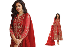 Red color Ban Neck Design Centre Cut Pure Butterfly Net Fabric Embroidered Anarkali style Suit