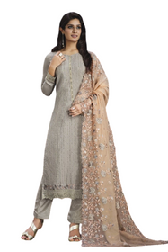 Grey color Chinnon Fabric Suit