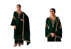 Bottle Green color Velvet Fabric Embroidered Suit