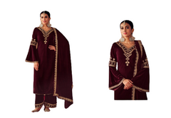Wine color Velvet Fabric Embroidered Suit