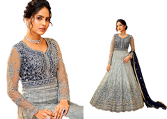 Grey and Royal Blue color Net Fabric Embroidered Floor Length Anarkali style Suit