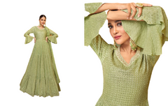 Olive Green color Georgette Fabric Floor Length Anarkali style Suit