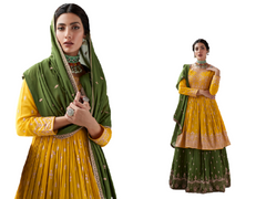 Yellow and Green color Georgette Fabric Embroidered Indowestern style Suit