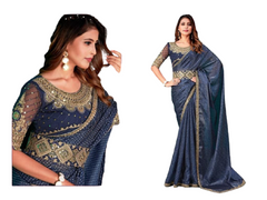 Blue color Silk Fabric Saree. Saree is in Digital Prints