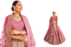 Pink color Bridal wear Velvet Fabric Heavily Embroidered Lehenga Choli