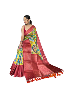 Red and Yellow color Kanchipuram Printed Saree