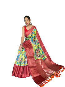 Red and Yellow color Kanchipuram Printed Saree