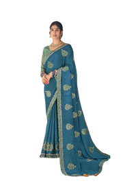 Blue color Chinnon Fabric Saree