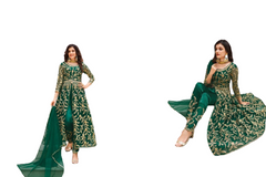 Green color Embroidered Centre Cut Net Fabric Indowestern style Suit