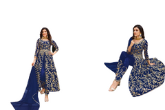 Blue color Embroidered Centre Cut Net Fabric Indowestern style Suit