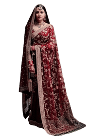 Red color Pure Bamberg and Velvet Fabric Saree