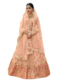 Peach color Net Fabric Embroidered Lehenga Choli