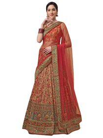 Peach and Red color Silk Fabric Digital Printed Lehenga Choli