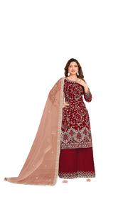 Red color Velvet Fabric Embroidered Suit