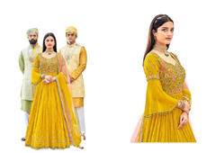 Yellow color Georgette Fabric Floor Length Anarkali style Party Wear Suit