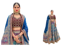 Blue and Wine color Printed Pure Banarasi Silk Fabric Lehenga Choli