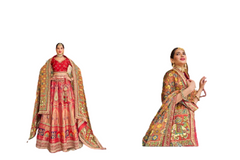 Red and Peach color Printed Pure Banarasi Silk Fabric Lehenga Choli