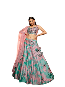 Blue and Pink color Velvet Fabric Lehenga Choli