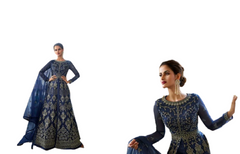 Royal Blue color Net Fabric Full Sleeves Floor Length Centre Cut Indowestern style Fabric Suit