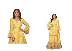 Yellow color Chinnon Fabric Indowestern style Party wear Suit