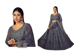 Greyish Blue color Net and Banglori Silk Fabric Embroidered Lehenga Choli