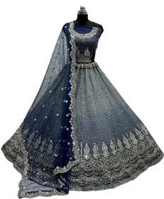Greyish Blue color Net Fabric Lehenga Choli