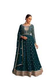 Turquoise Blue color Real Georgette Fabric Floor Length Suit