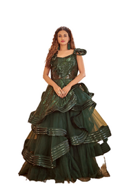 Dark Green color Cut Sleeve Floor Length Layered Gown