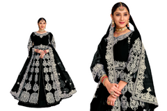 Black color Velvet Fabric Floor Length Heavily Embroidered Centre Cut Indowestern Style Party wear Suit