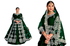Green color Velvet Fabric Floor Length Heavily Embroidered Centre Cut Indowestern Style Party wear Suit