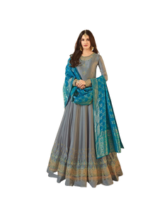 Greyish Blue color Net Fabric Embroidered Party wear Anarkali style Suit