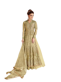 Light Golden color Embroidery work Net Fabric Party wear Anarkali style Suit