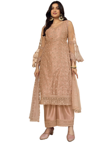 Light Brown color Heavy Butterfly Net Fabric Embroidered Suits