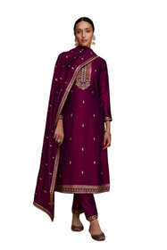 Wine color Silk Fabric Embroidered Suit