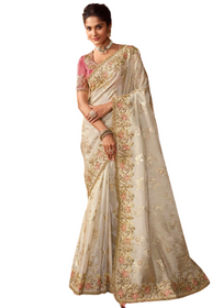 Ivory color Embroidered Saree