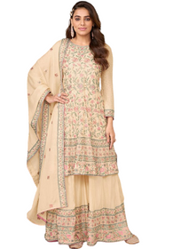 Beige color Embroidered Heavy Chinnon Fabric Sharara style Party wear Suit
